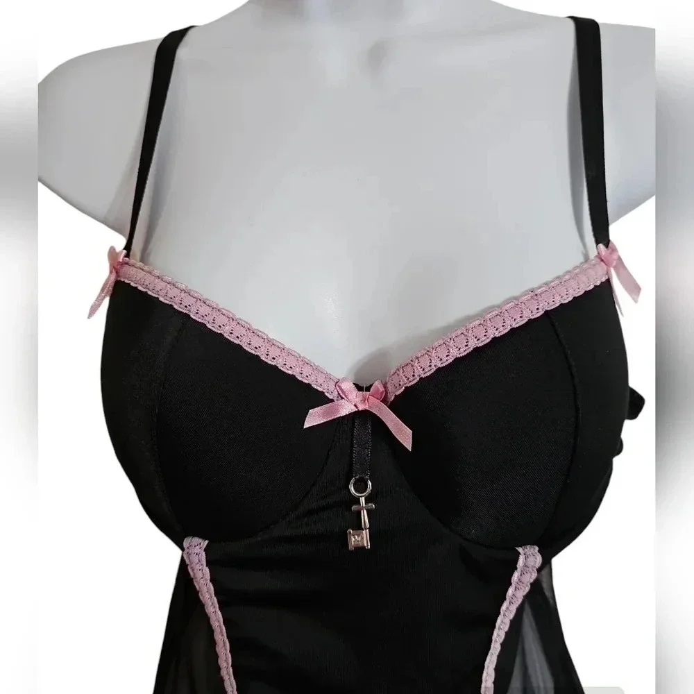 Coquette 34B Black Pink Mesh Babydoll Bustier Sheer Lingerie Goth Romantic - Picture 3 of 6